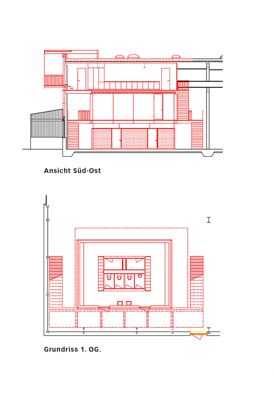 Ansicht Süd-Ost; Grundriss 1. OG.