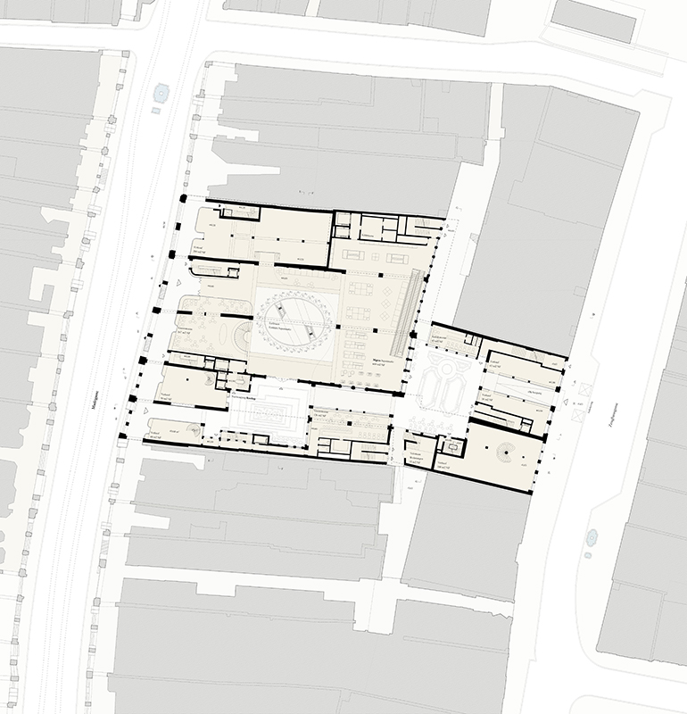 Siegerentwurf von ARGE Fiechter &amp; Salzmann Architekten / Bellorini Architekten ; Deutlich sichtbar ist die neue öffentliche Querung durch das Gebäudekonglomerat (Erdgeschoss).