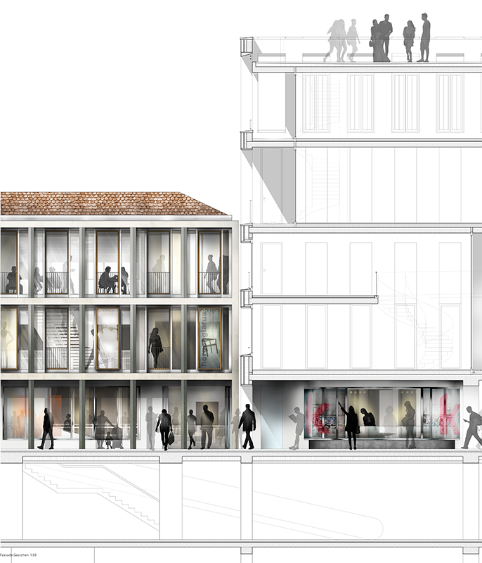 Projekt von Aebi &amp; Vincent Architekten; Detail Fassade Gässchen.