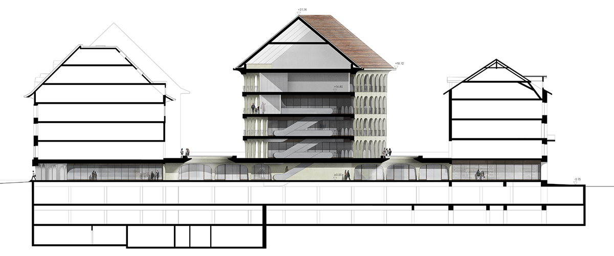 Projekt von ARGE David Chipperfield Architects / b + p baurealisation; Längsschnitt Marktgasse-Hinterhaus-Zeughausgasse.