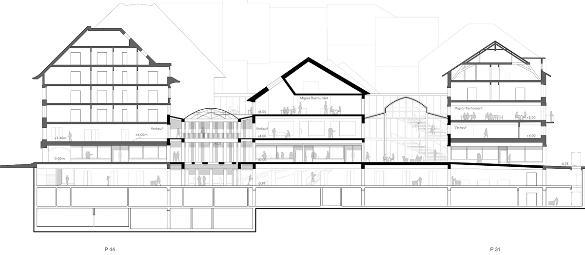 Projekt von ARGE GWJ Architektur / Degelo Architekten; Schnitt Marktgasse 44-Eventhalle-Hinterhaus-Palmenhof-Zeughausgasse 31.