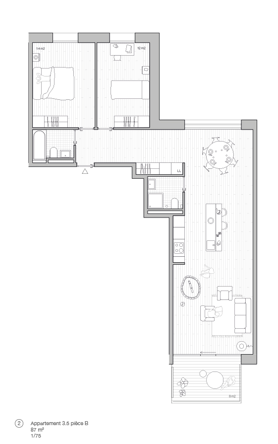 Lot 2 - Typologie 3,5 pièces A du projet Le Mile-End de Atelier Cube +Studio SML