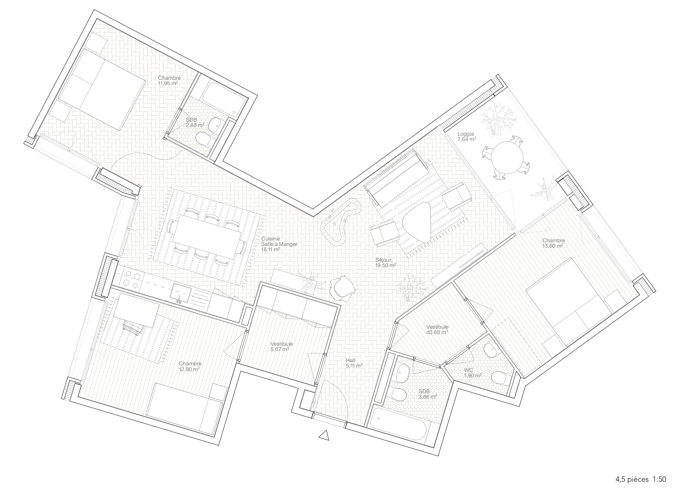 Lot 3 - Typologie des 4,5 pièces du projet LOUVOYONS de LRS Architectes
