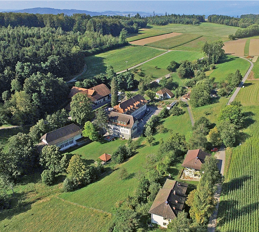 Luftbild der aktuellen Situation in Brütte­lenbad. Die Gebäude bilden zusammen mit dem gestalteten Landschaftsraum ein starkes Ensemble. Links die Turn­halle (1967), hinten Mitte die Scheune (1903) und Mitte rechts das Hauptgebäude (1737, Querflügel 1931).