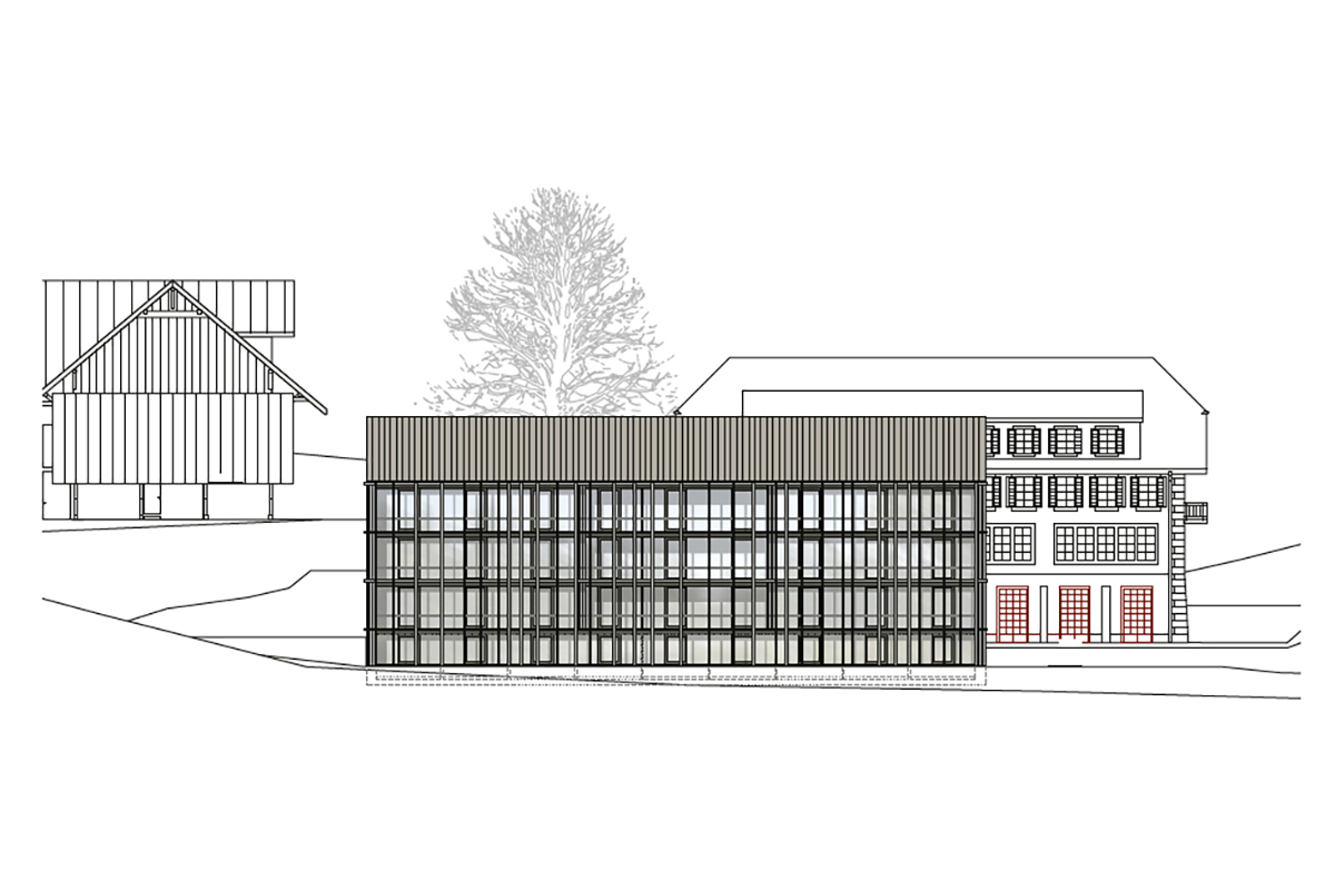 «Mis Huus dis Huus», Ansicht Ostfassade: Die Laubengänge des Neubaus bieten gleichzeitig Transparenz und geschützte Aussenräume.