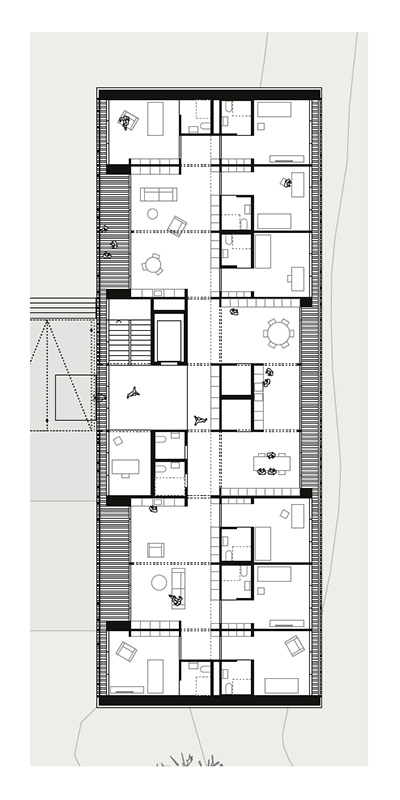 «Mis Huus dis Huus», Neubau Grundriss EG: Jede der drei Wohngruppen ist auf einem Geschoss angesiedelt.