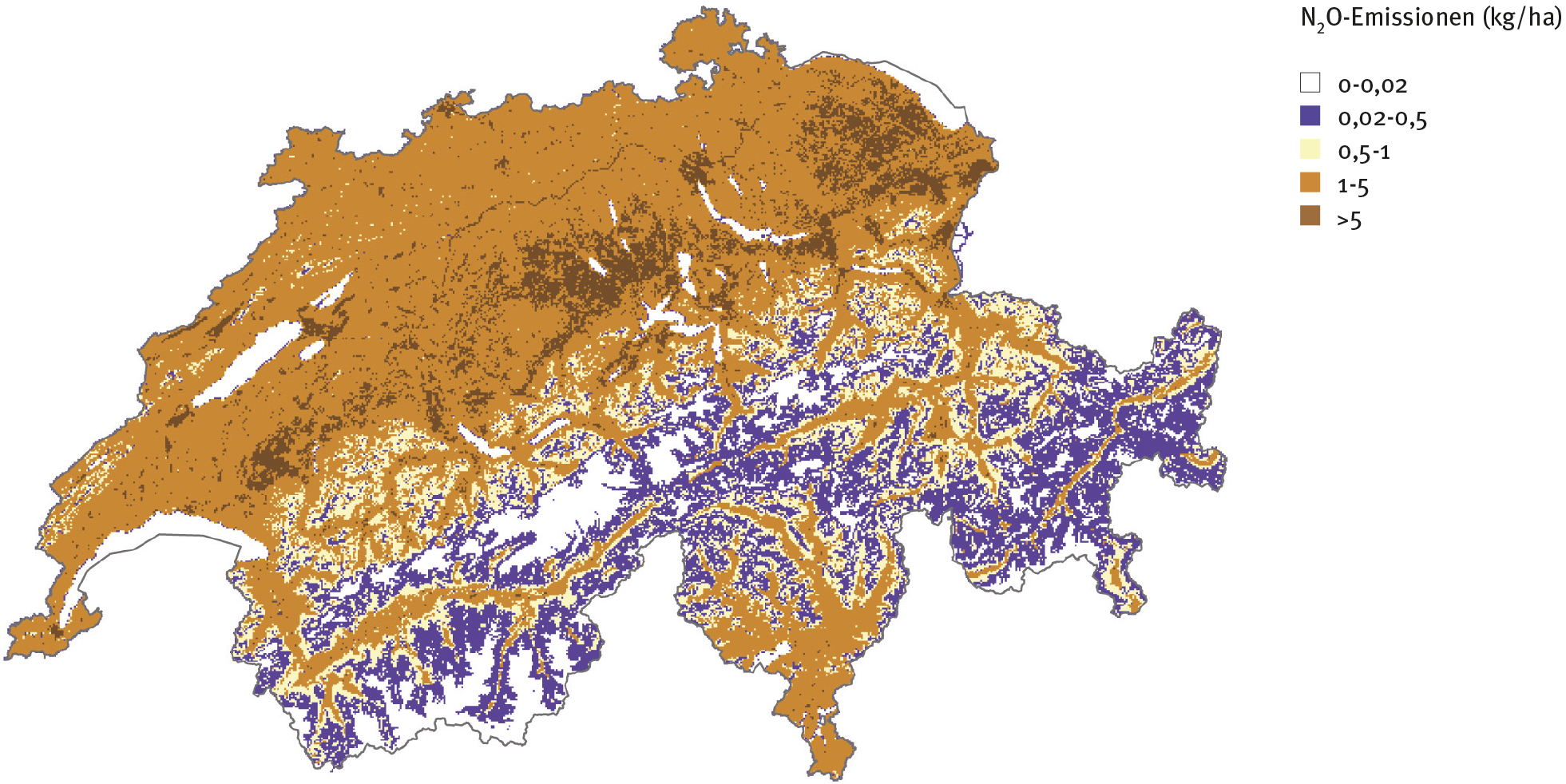 Modélisation de la répartition spatiale des émissions de gaz hilarant en Suisse en 2014 La fertilisation azotée provoque des émissions de N2O considérables, surtout sur le Plateau suisse.
