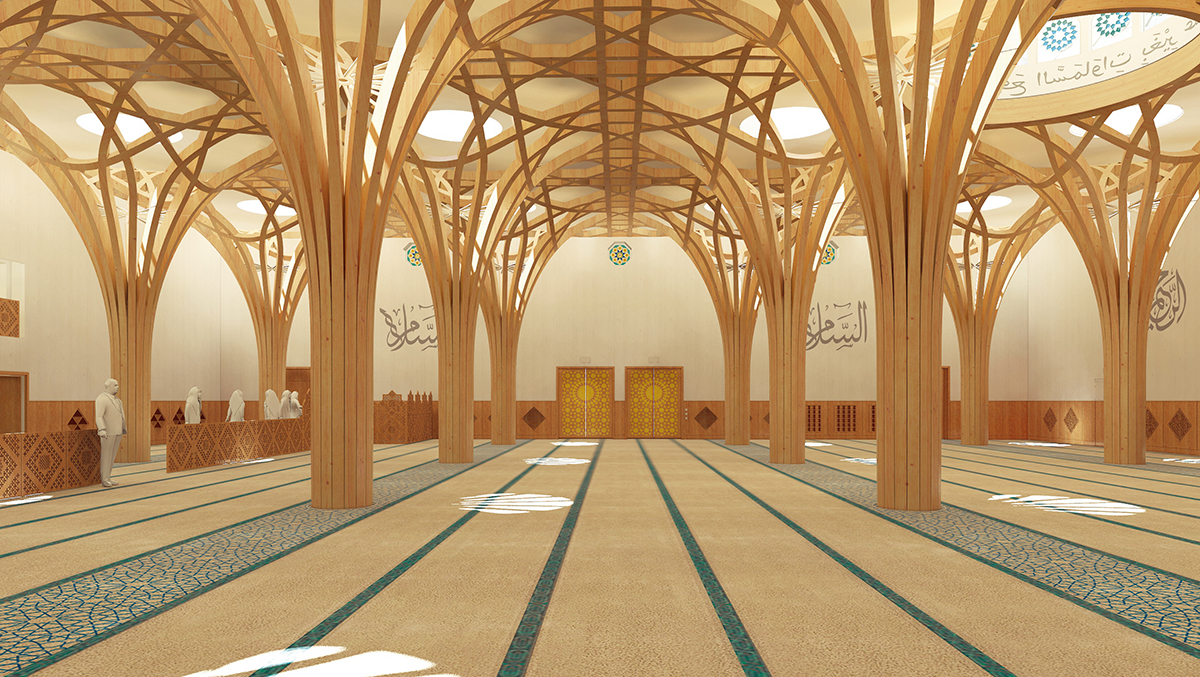 Die Gebetshalle ist nach Mekka ausgerichtet. In der Mitte, vor dem Mirhab, steht der Imam während des Gottesdiensts.