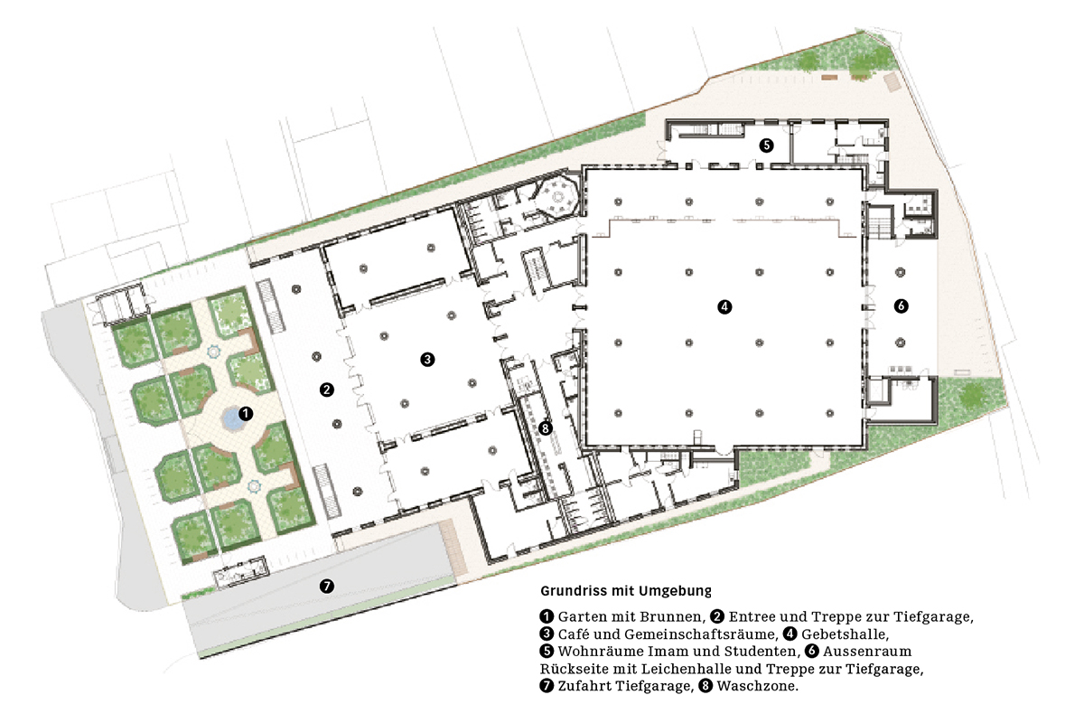 Grundriss der Moschee mit Umgebung.