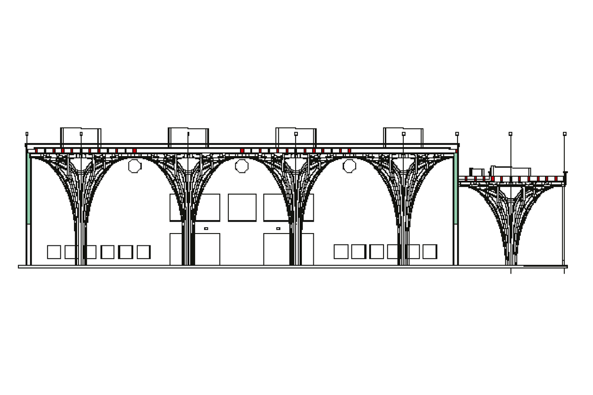 Schnitt durch die Gebetshalle mit Wandnischen und durch den rückwärtigen, niedrigeren Aussenbereich.