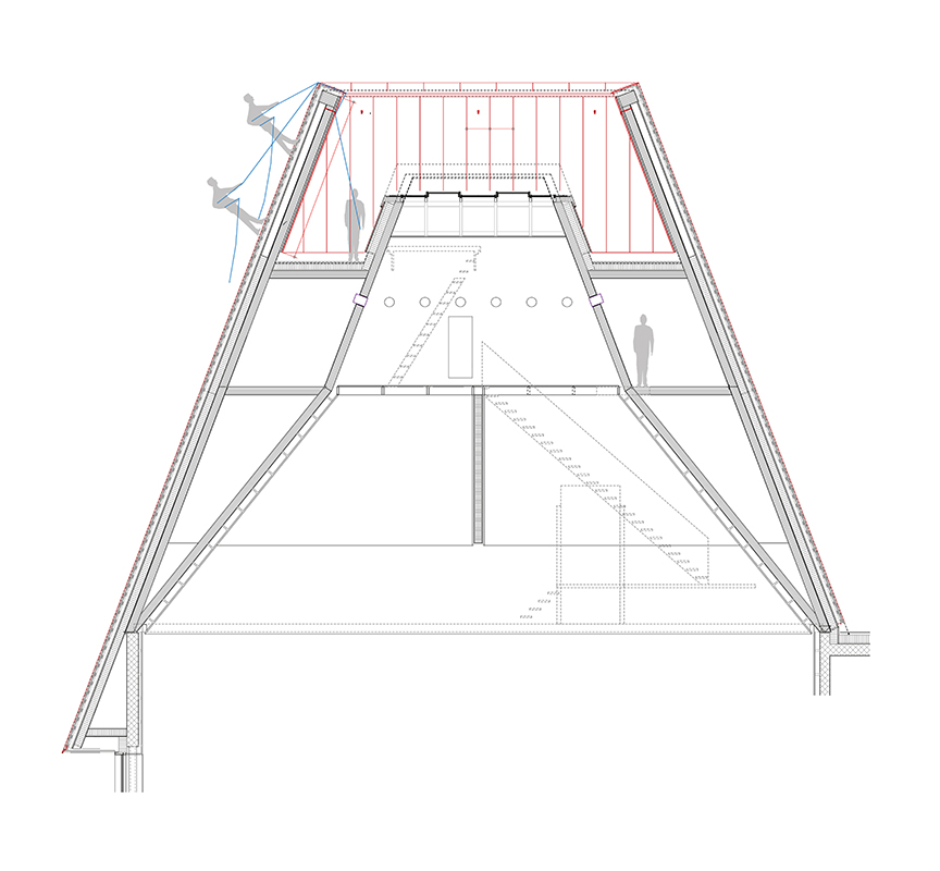 Brettschichtholzplatten steifen die Dachkonstruktion aus.