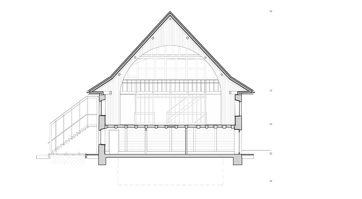 Siegerentwurf «Kronjuwel», Querschnitt; Die neue Fluchttreppe aus dem OG ist der einzige Anbau des Entwurfs.