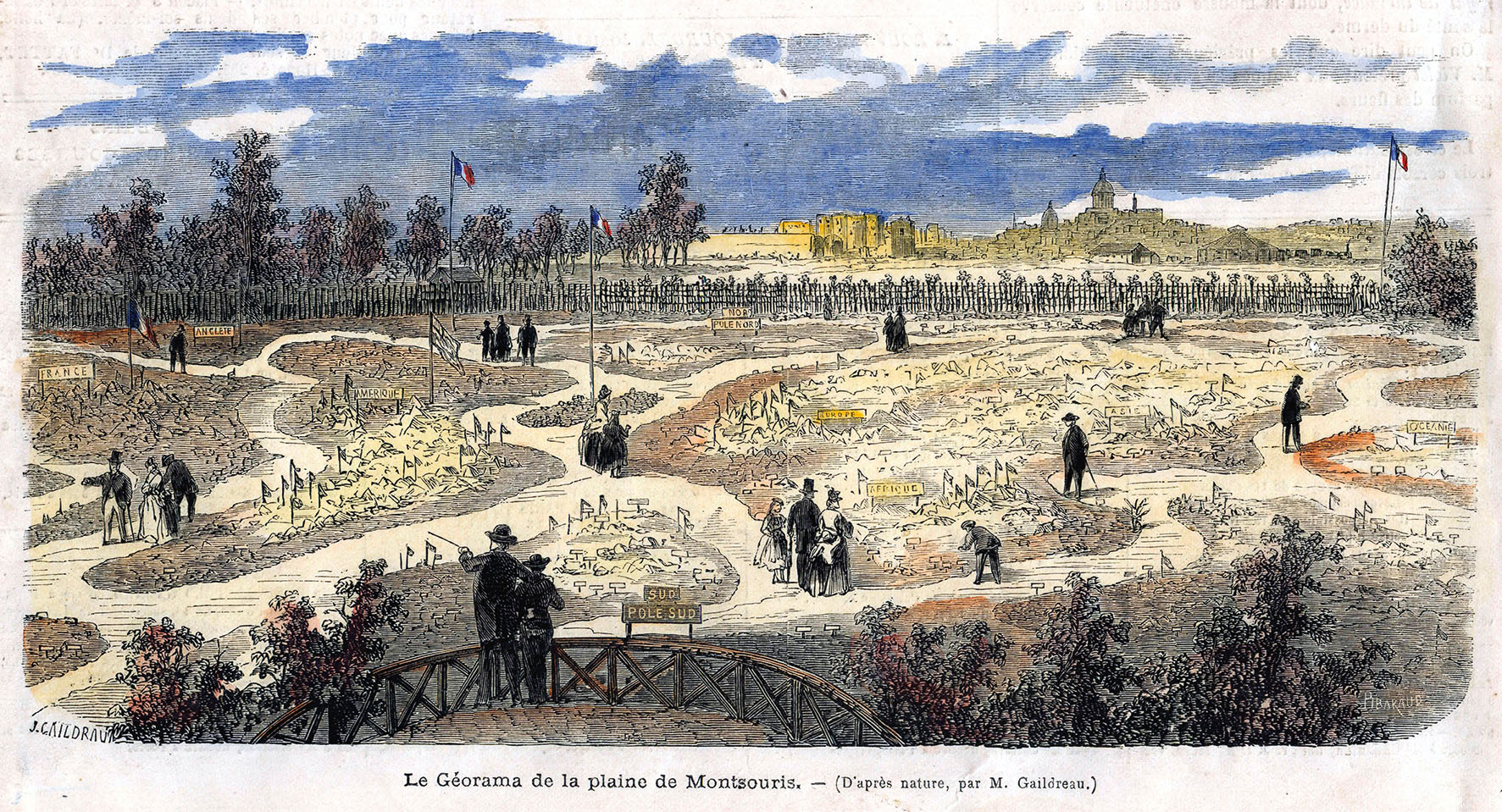 « Le Géorama de la plaine de Montsouris », Le Monde illustré, n°899, 4 juillet 1874. Collection particulière. La carte devient espace, territoire parcouru, expérience. Le Géorama universel de la plaine de Montsouris est présenté par son créateur comme un « planisphère jardin géographique de quatre mille mètres, représentant en relief la surface de la terre ». Folle ambition.