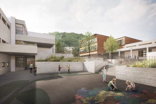 Projekt für eine Schulanlage, ein leichter Holzbau auf dem Deckel einer unterirdischen Zivilschutzanlage aus Beton.