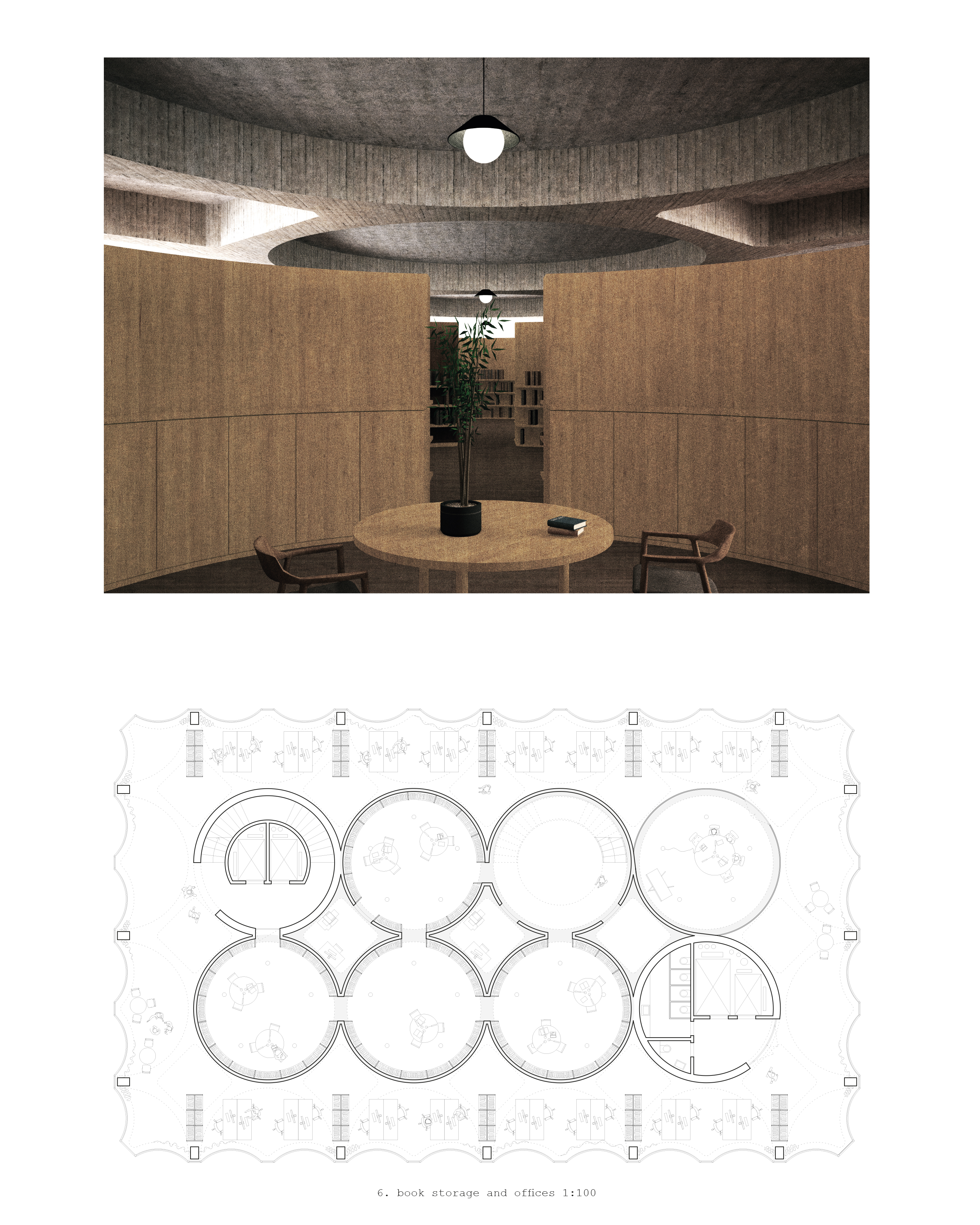 Innenansicht und Plan der Bibliothek und eines Büros