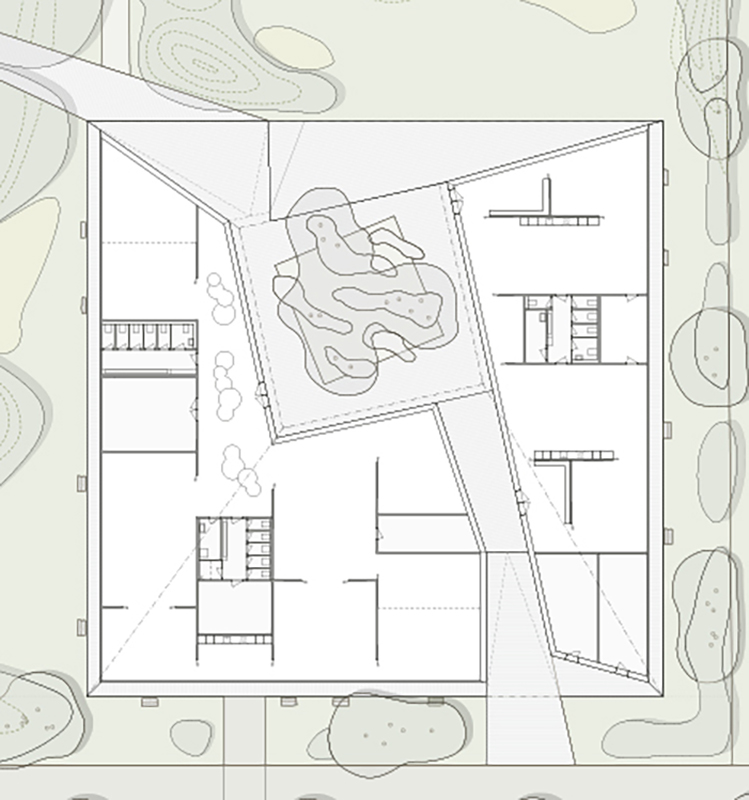 Mit der Hoferschliessung gelingt es «Bei Zwergen, Elfen und Waldtrollen», 3. Rang, Innen- und Aussenräume differenziert miteinander zu verweben. Grundriss EG.