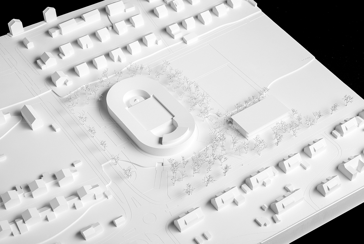 «Das doppelte Lottchen», 4. Rang, hat eine ähnliche Struktur wie der Erstrangierte – die Platzierung auf dem Gelände ist allerdings quer zum Bestand, und die Erschliessung erfolgt von innen.