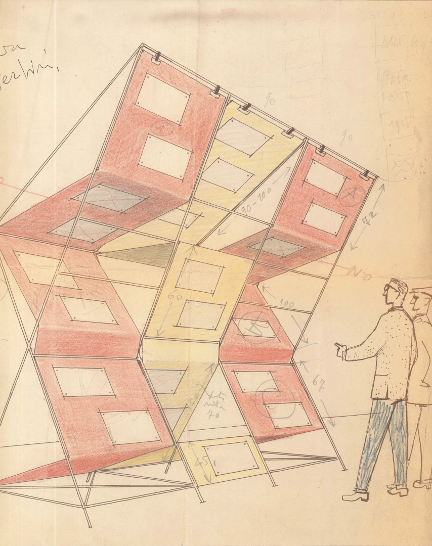 Elemento pubblicitario per Padiglione Agip Eni alla Mostra Internazionale del Petrolio. Fiera di Napoli 1955. Progetto allestimento Achille e Pier Giacomo Castiglioni. Progetto grafico Max Huber. Schizzo di Max Huber, 37,5 x 34 cm, matite colorate su carta eliografica.