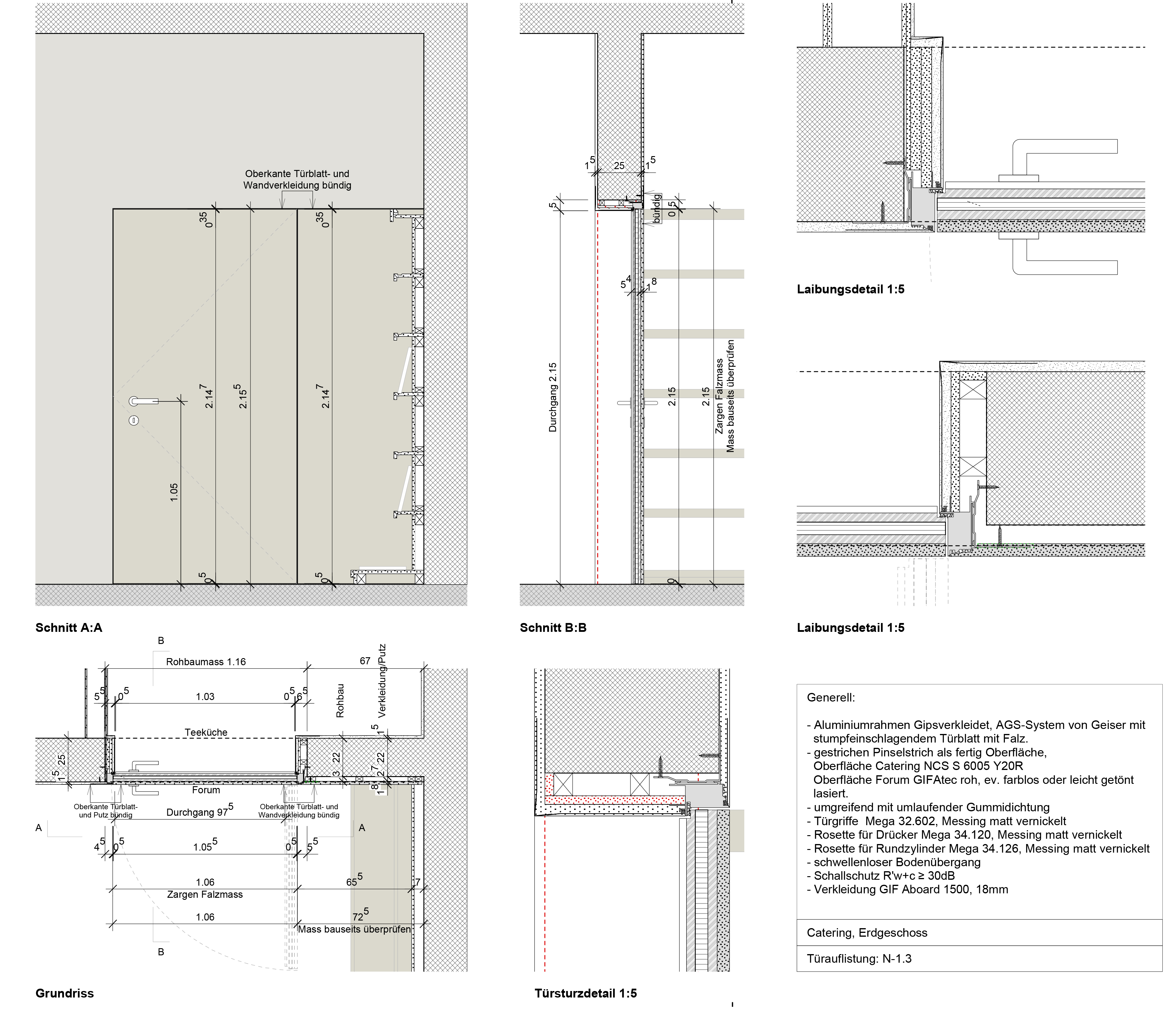 Die Zargen der raumhohen Türen sind bündig in die Wandflächen eingelassen und fügen sich in die Grossform des Volumens ein.