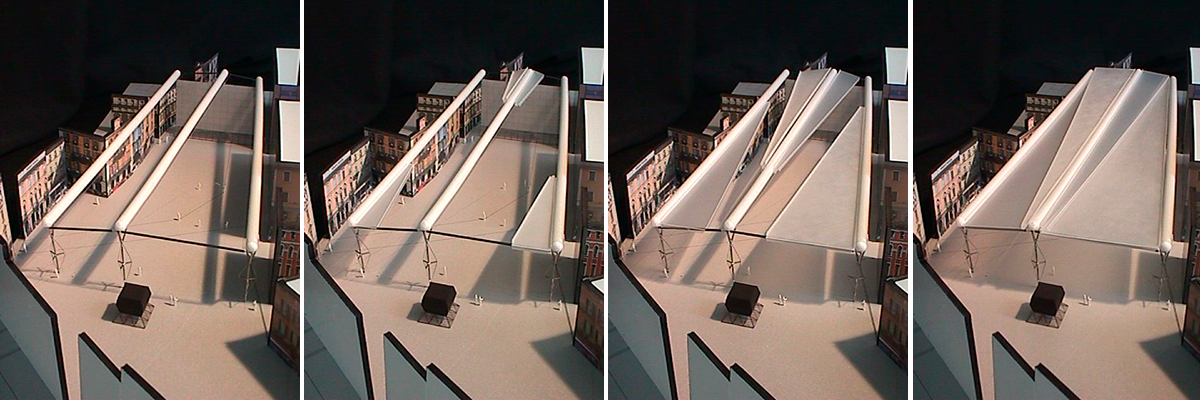 2001: Filippo Broggini (BlueOffice Architecture) + Mauro Pedretti (Airlight Ltd), Mobiles Überdachungsprojekt für die Piazza Grande.