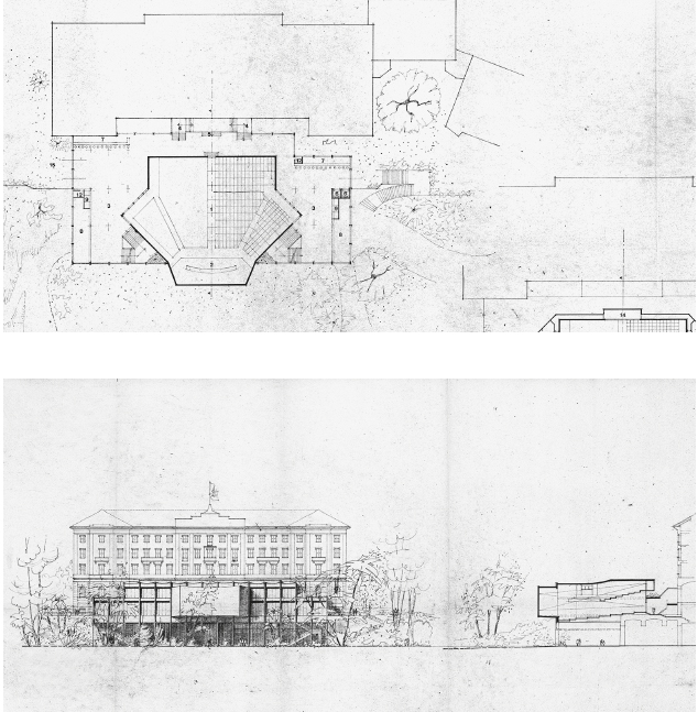 R. Pedrazzini, C. Monti, F. Pozzi, Projekt für einen angeschlossenen Kongresssaal im Grand Hotel in Muralto, Grundriss, Oktober 1974 (Version A).