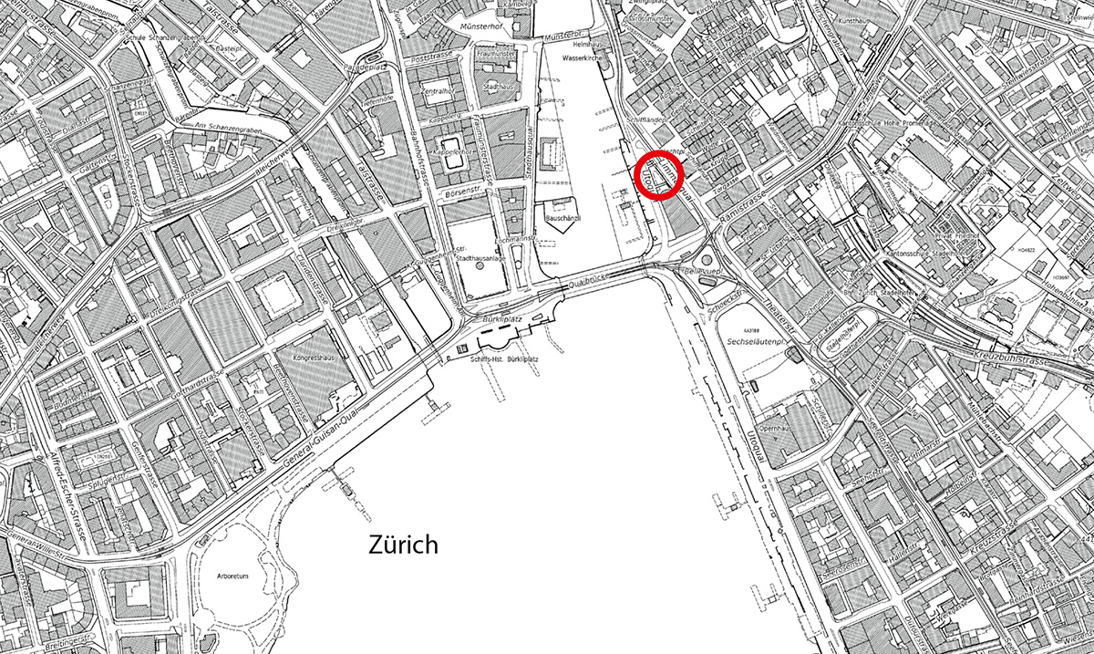 Wettbewerbsperimeter beim Ausfluss der Limmat aus dem Zürichsee, bei der Vereinigung von Limmat- und Utoquai.