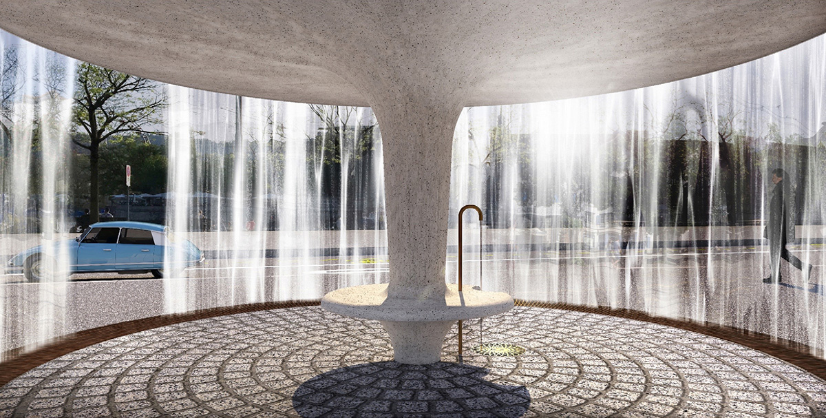 «Im Brunnen» auf Platz 2 macht das Element Wasser erleb-, vielleicht auch spürbar. Durch einen Wasservorhang gelangt man ins Innere zur Trinkwasserstelle.