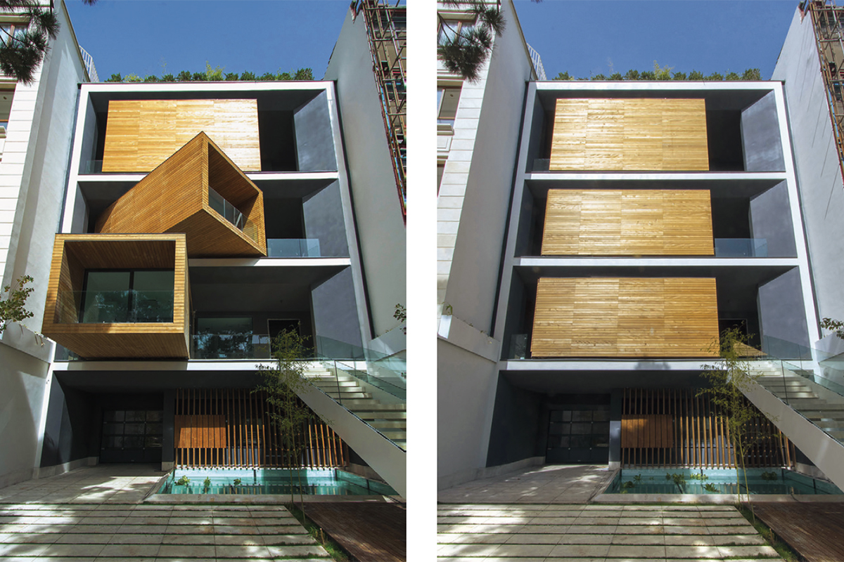 Durch Herausdrehen der Balkone kann beim Sharifi-ha-Haus in Teheran von Alireza Taghaboni zwischen einer Winter- (links) und einer Sommervariante (rechts) gewechselt werden.