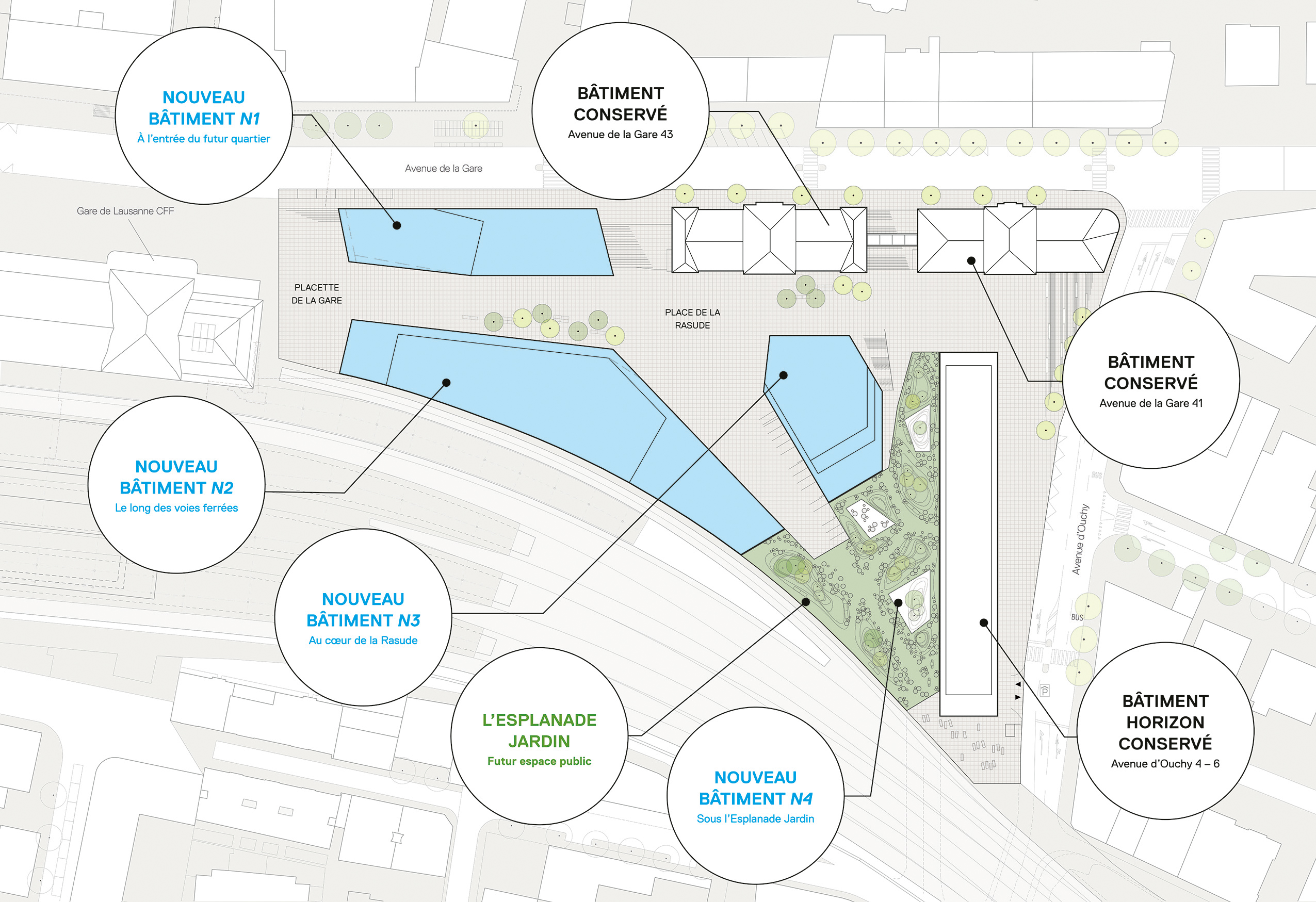 Il futuro quartiere con i nuovi edifici (blu), gli edifici esistenti (nero) e il nuovo parco (verde)