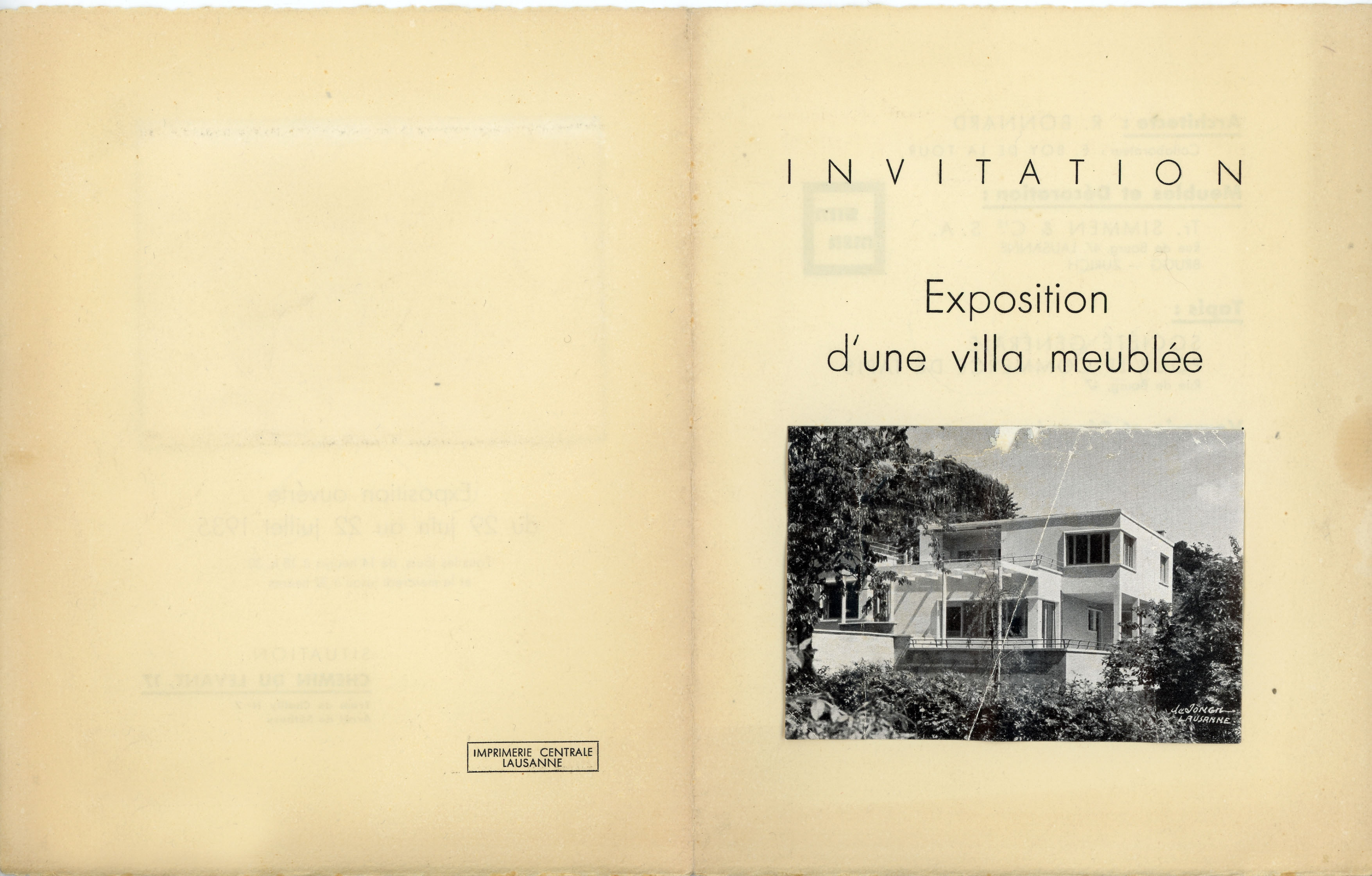 René Bonnard, villa pour Mme Bonnard au chemin du Levant, Lausanne, 1934-1935. Carton d’invitation pour une «Exposition d’une villa meublée» qui a eu lieu du 29 juin au 22 juillet 1935.
