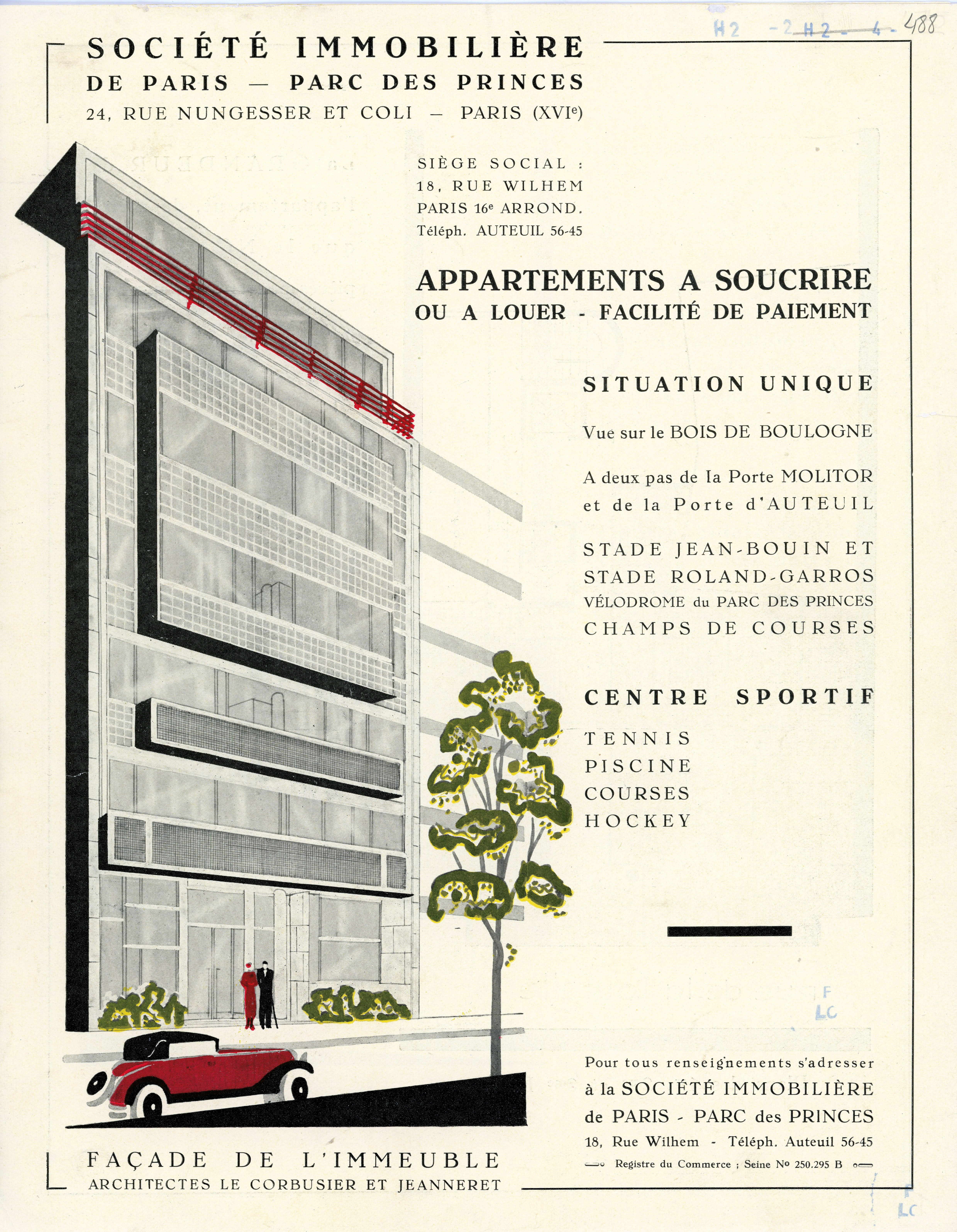 Plaquette de promotion de la Société immobilière de Paris-Parc des Princes. La façade avec son grand bow-window est en grande partie matérialisée par des briques Nevada.