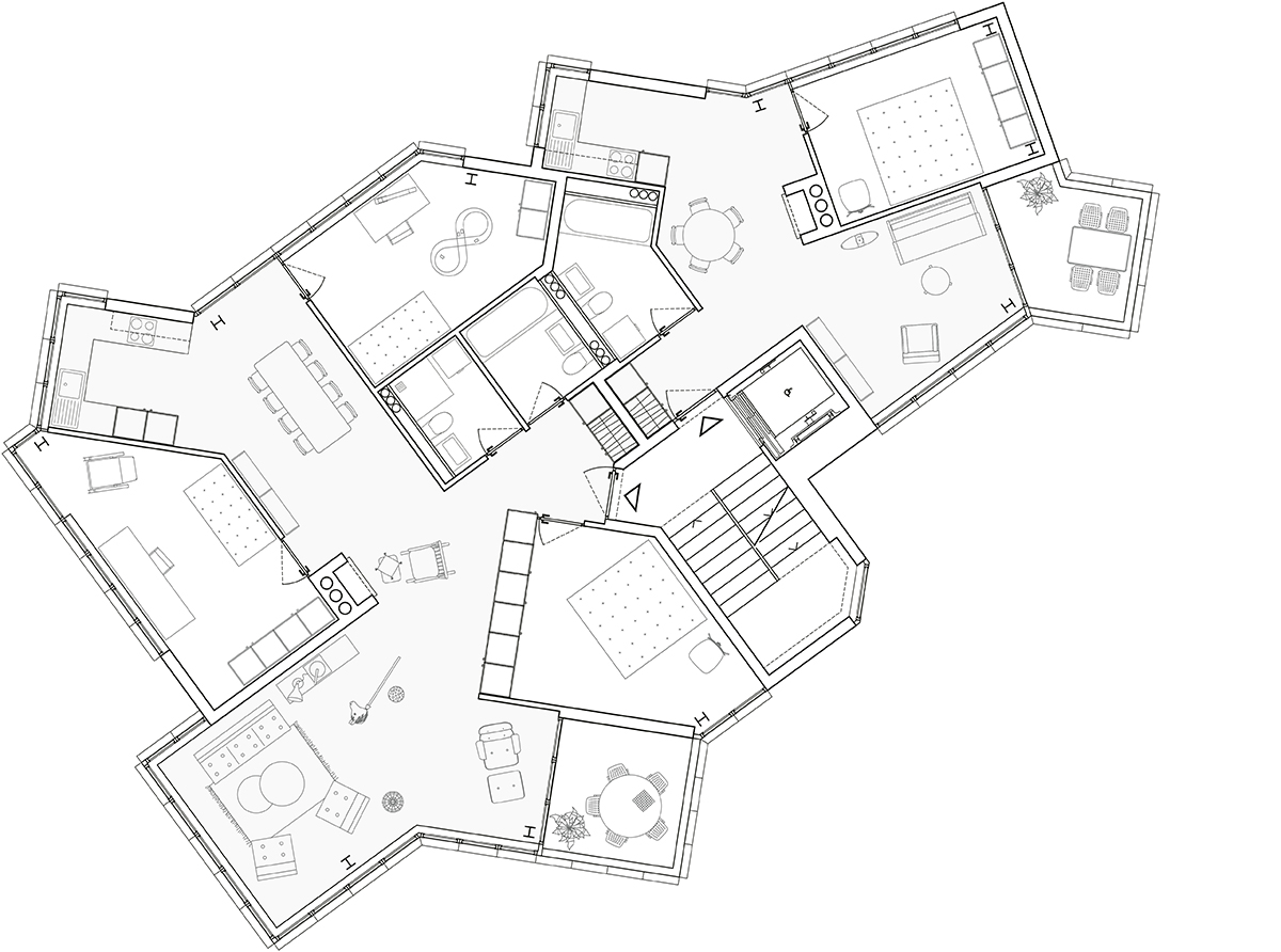 Siegerprojekt «Papillon», Grundriss Regelgeschoss, Mst. Auf der polygonalen Grundfläche können nur sechs statt der sieben möglichen Wohnungen realisiert werden, dafür überzeugte die Jury die durch­gehend hohe Qualität der Grundrisse.