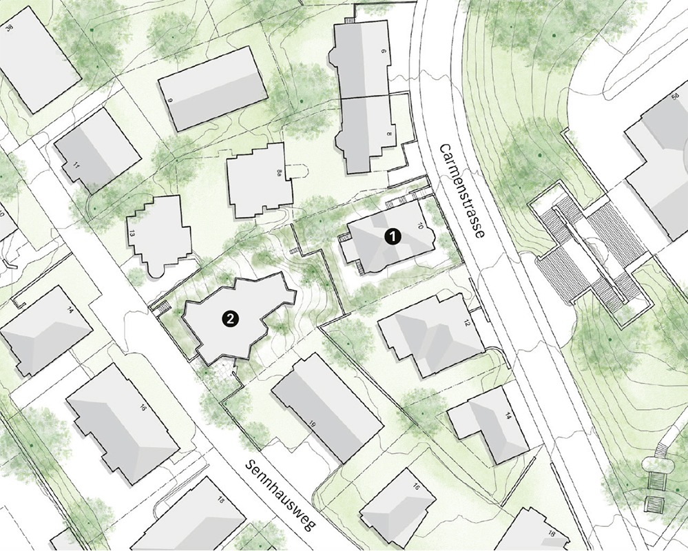«Papillon», Situation: 1) Pfarrhaus mit Zugang ab Carmenstrasse, 2) Neubau mit Zugang ab Sennhauserweg.