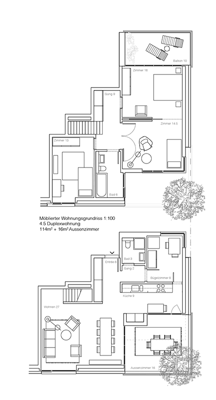 «Charles», Grundriss einer 4 ½-Zimmer-Duplexwohnung.