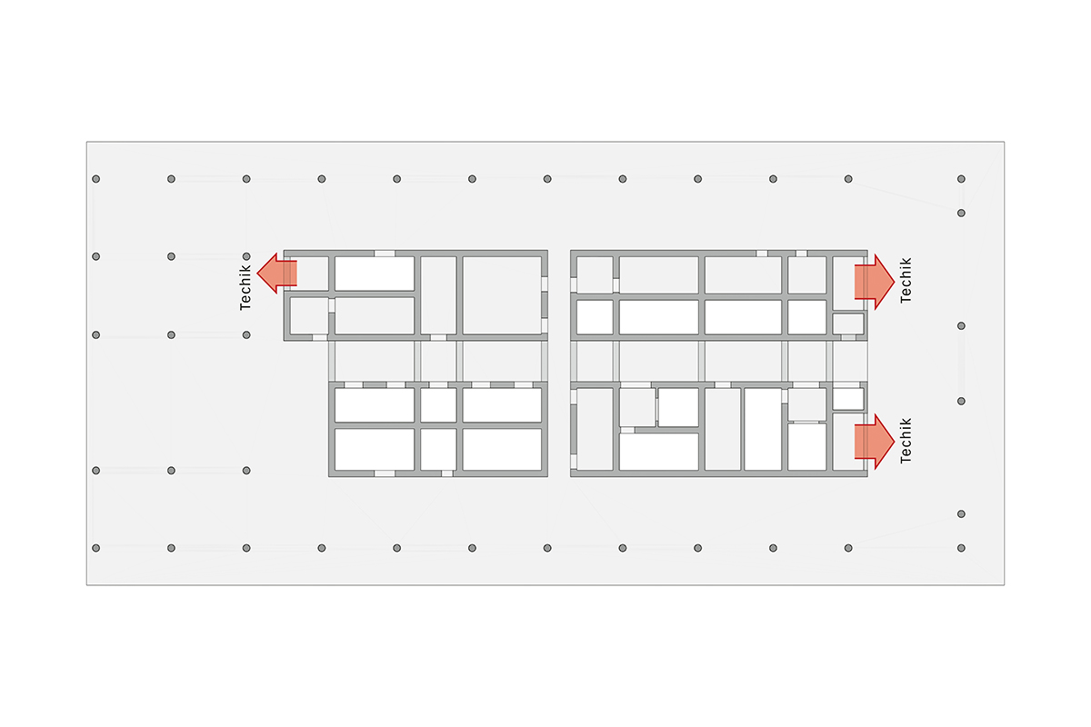 Grundriss, ohne Mst.: Der aussteifende Erschliessungskern wurde aufgelöst und in Querrichtung mit Koppelbalken verbunden. Um Kon­flikte mit dem Tragwerk zu vermeiden, ist die Gebäudetechnik an den Stirnseiten der Kerne untergebracht.