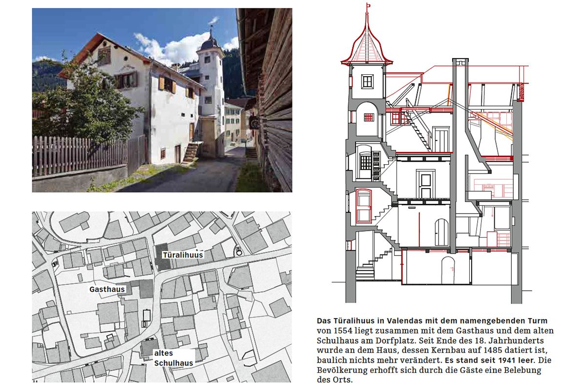 Das Türalihuus in Valendas mit dem namengebenden Turm von 1554 liegt zusammen mit dem Gasthaus und dem alten Schulhaus am Dorfplatz. Seit Ende des 18. Jahrhunderts wurde an dem Haus, dessen Kernbau auf 1485 datiert ist, baulich nichts mehr verändert. Es stand seit 1941 leer. Die Bevölkerung erhofft sich durch die Gäste eine Belebung des Orts.