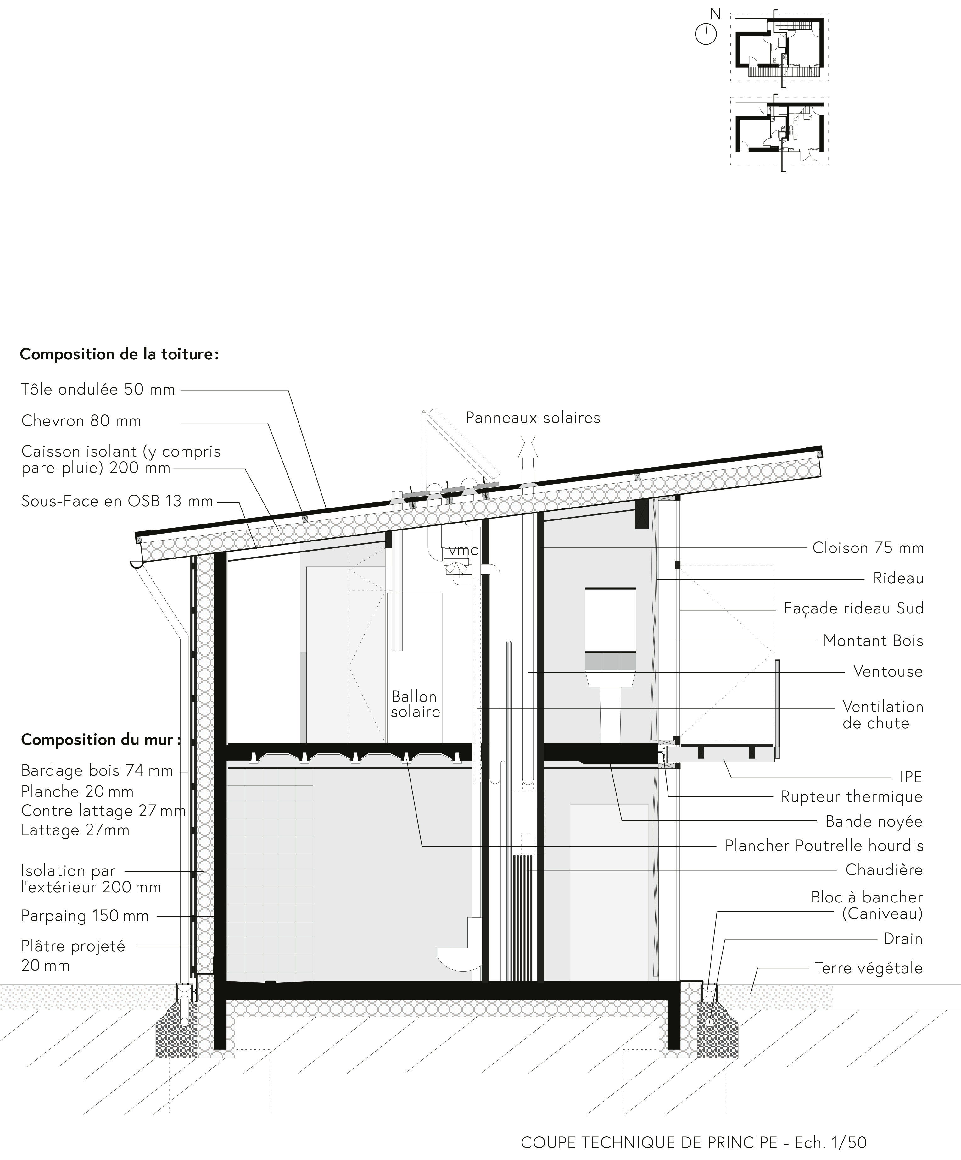 Coupe de principe : les caissons bois préfabriqués de toiture reposent sur des murs en maçonnerie isolés par l’extérieur et revêtus d’un bardage bois, échelle 1 : 100.