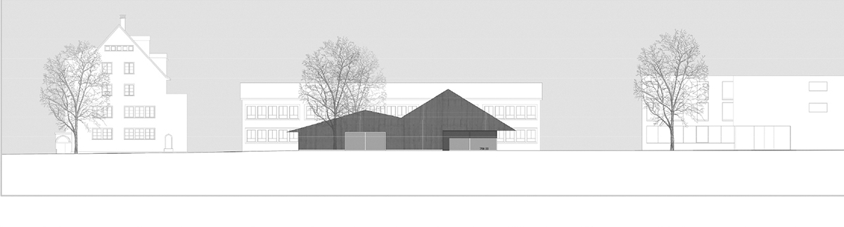 Der Siegerentwurf zeichnet sich durch seinen Doppelgiebel an Nord- und Südseite aus. Die unterschiedliche Ausprägung repräsentiert das Raumprogramm. Ansicht Süd.