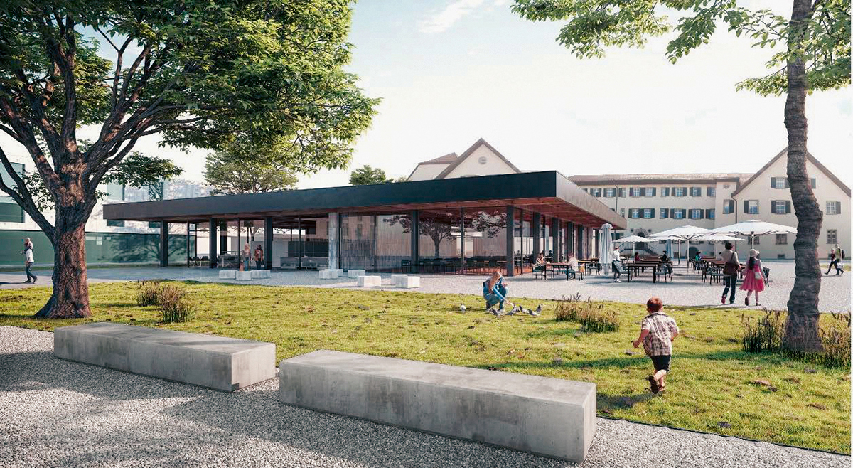 Ebenfalls auf einen Pavillon mit Flachdach setzt «Rundum guet» von RLC Architekten auf Rang 3. Interessant ist die Umgebungsgestaltung: Die Strasse wird aufgelöst und zum Platz umfunktioniert, die Verbindung zum Kloster gestärkt.