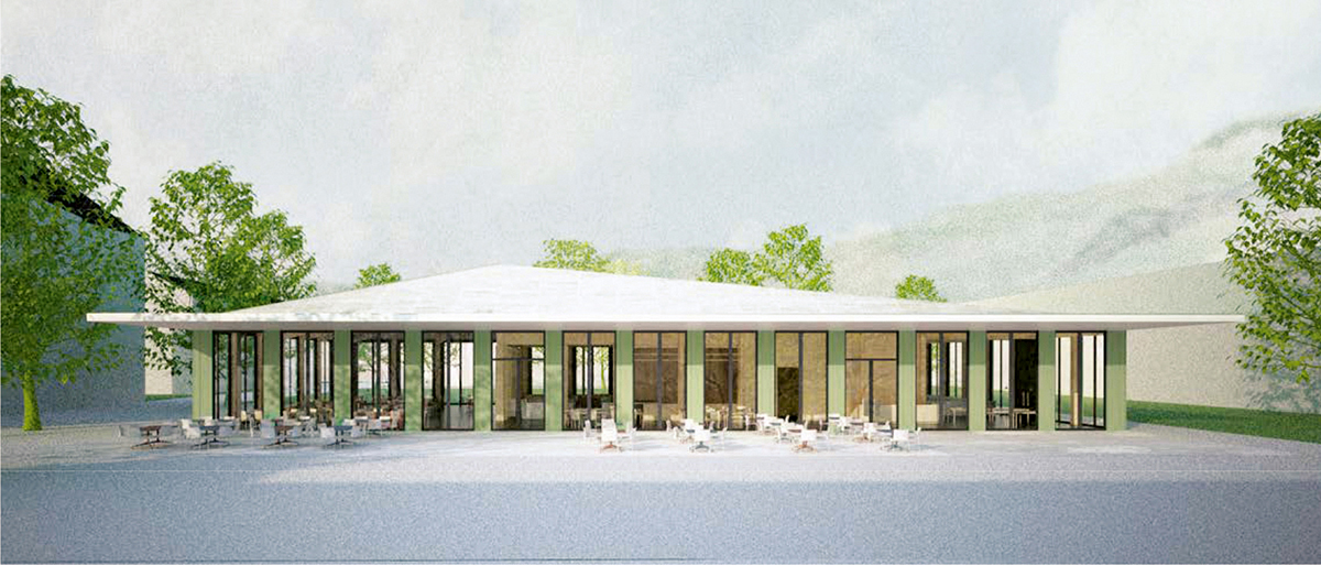 Leicht exotisch wirkt der auf Rang 5 platzierte Beitrag «Philodendron» von Gerber Odermatt Architekten. Das filigrane, asymmetrische Zeltdach thront über den in regelmässigen Abständen angeordneten Stützen, die Ausfachungen sind grossflächig verglast.