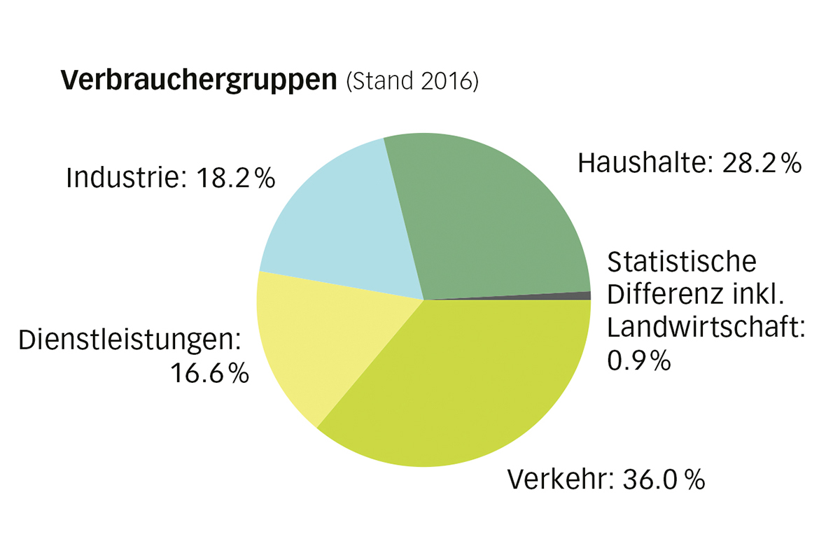Der Verkehrssektor hat den höchsten Energiebedarf in der Schweiz. Der grösste Anteil entfällt auf den motori­sierten Individualverkehr.