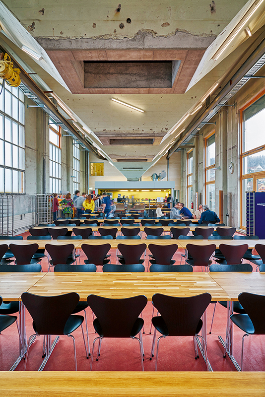 Die Zürcher Hochschule für angewandte Wissenschaften nutzt einen ehemaligen Industriestandort; in den transformierten Hallen befinden sich Hörsaal, Ausstellungsräume, Büros und Mensa