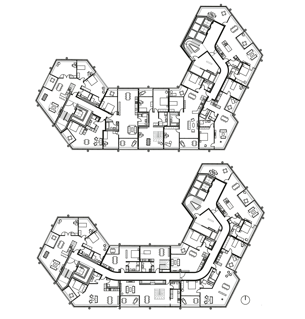 Grundrisse, mit durchgesteckten Wohnungen (oben) und Duplexwohnungen (unten).