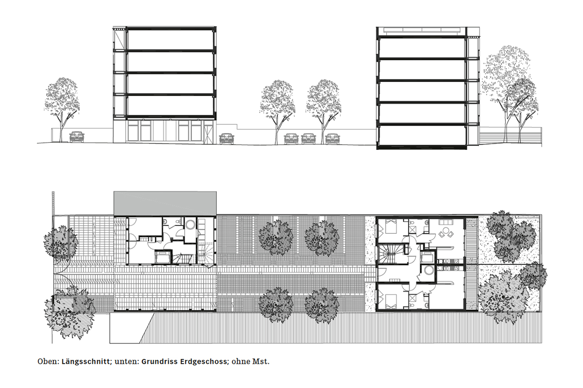 Oben: Längsschnitt; unten: Grundriss Erdgeschoss; ohne Mst.