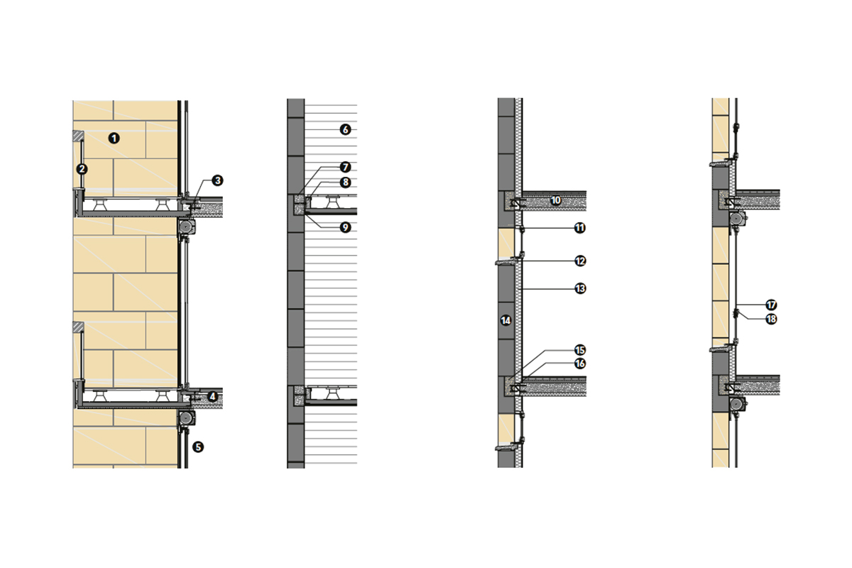 Fassadenschnitte des Wohn­­komplexes in Bry-sur-Marne: Balkon – Innenraum; Balkon – Nord-/Süd­fassade; Bad – Nord-/Südfassade; Fenster – Ost-/Westfassade. (1) Geschnittener Stein; (2) Aufbau Balkon: Geländer, Holzrahmen, Glasfüllung; Balkonbeplankung: Träger, laminiert, 69 × 625 mm; Abdeckung: Douglasie, 27 mm; Abdichtung: Lattung, laminierte Platte, 63 mm; Unterbodenverkleidung: Lärche, 27 mm; (3) Anschluss: Stahlwinkel, 8 mm; (4) Bodenaufbau: Schiebetürbeschläge, 54 × 330 mm; Sockelle