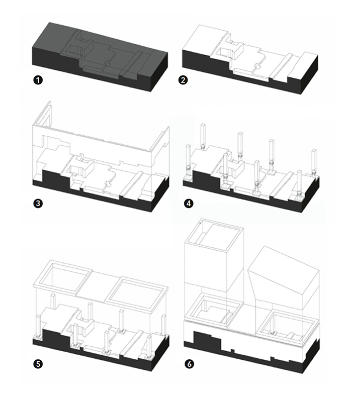 Abfolge der Projektphasen. (1) Vor den Ausgrabungen; (2) Ausgrabungen; (3) Einfügen der Stützwand des Bodens; (4) Positionierung der Stützen an seismischen Dämpfern; (5) Verbindungsbalken; (6) Einfügen der Volumen.