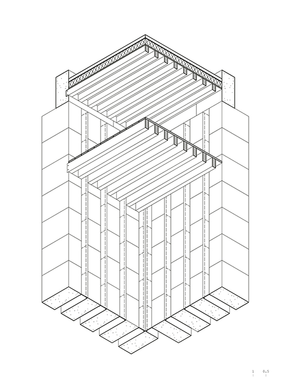 Schnittaxonometrie des Eingangsbereichs der Weinkellerei des Klosters Solans.