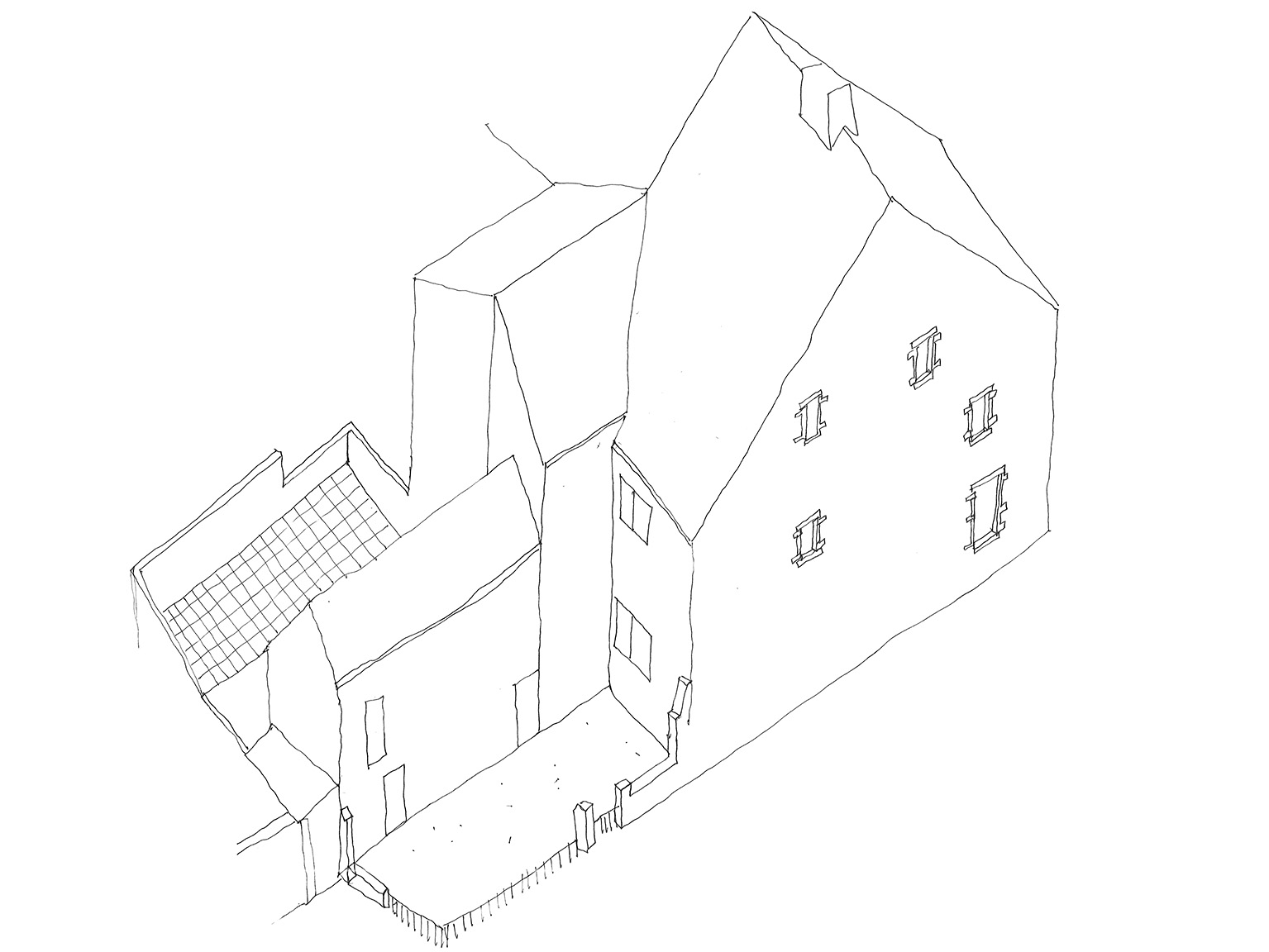 Maison Pedi, avant. L’ensemble était composé d’une maison et de sa tour-escalier Renaissance, et, à l’arrière, d’un corps de bâtiment du 19e siècle et de divers appentis sans caractère. Sur proposition de l’association, les façades dégradées de la maison et la tour-escalier ont été rénovées, le bâtiment et les appentis ont été démolis pour révéler l’architecture de la tour. Les deux anciennes cours ont été réunies pour créer un jardin arboré clos de murs en pierre et un n