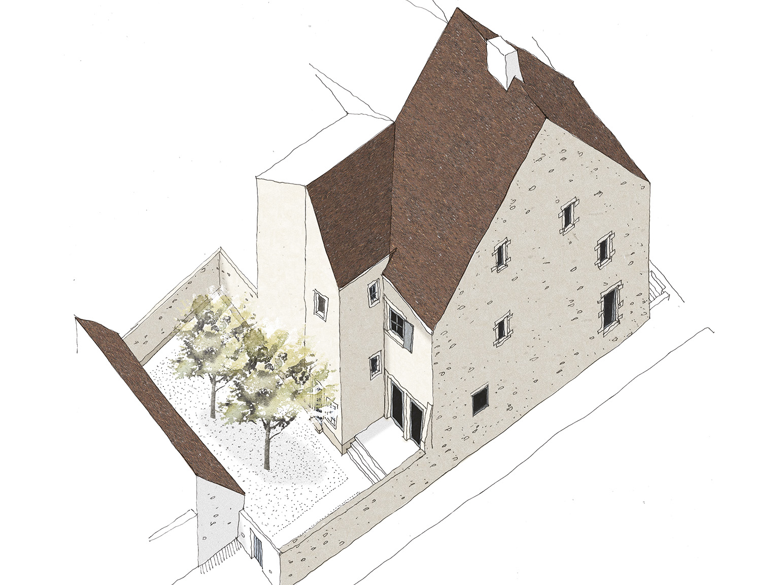 Maison Pedi, après. L’ensemble était composé d’une maison et de sa tour-escalier Renaissance, et, à l’arrière, d’un corps de bâtiment du 19e siècle et de divers appentis sans caractère. Sur proposition de l’association, les façades dégradées de la maison et la tour-escalier ont été rénovées, le bâtiment et les appentis ont été démolis pour révéler l’architecture de la tour. Les deux anciennes cours ont été réunies pour créer un jardin arboré clos de murs en pierre et un