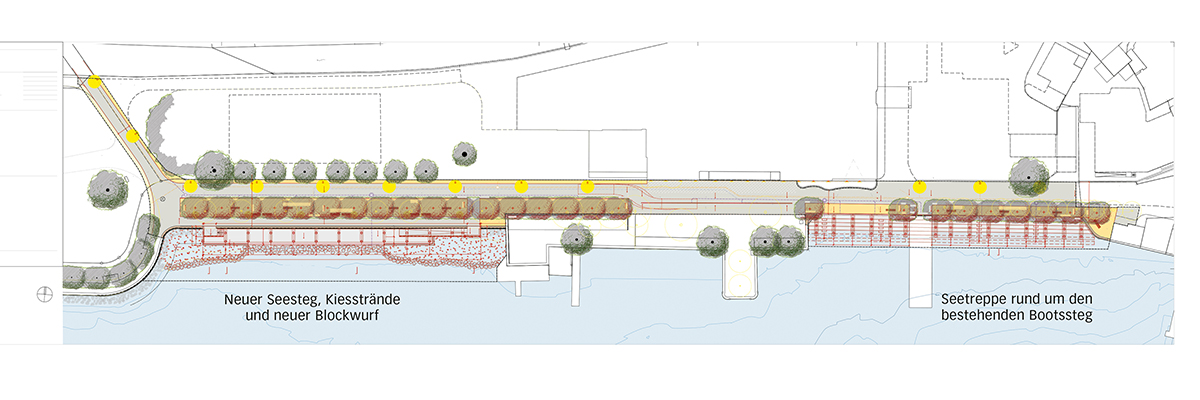 Die erste von vier Etappen der Seeuferverbauung Zentrum Brunnen mit neuem Seesteg (links) und neuer Seetreppenanlage (rechts).